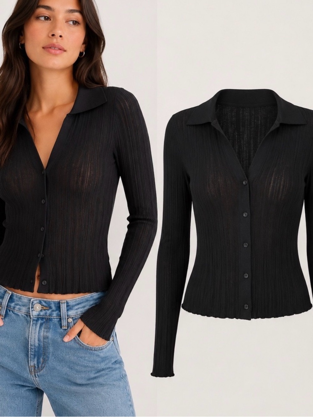 NA-KD | Black Ribbed Knit Collared Cardigan Top | Size M | Sheer Button Front